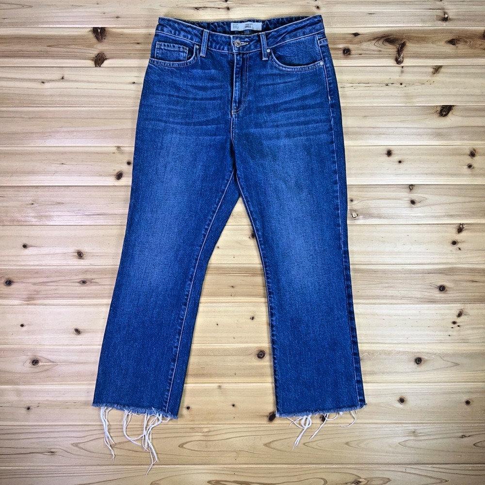 Topshop Moto Jeans Womens 28 Dree Cropped Straight Leg Raw Fringe Hem Denim Blue